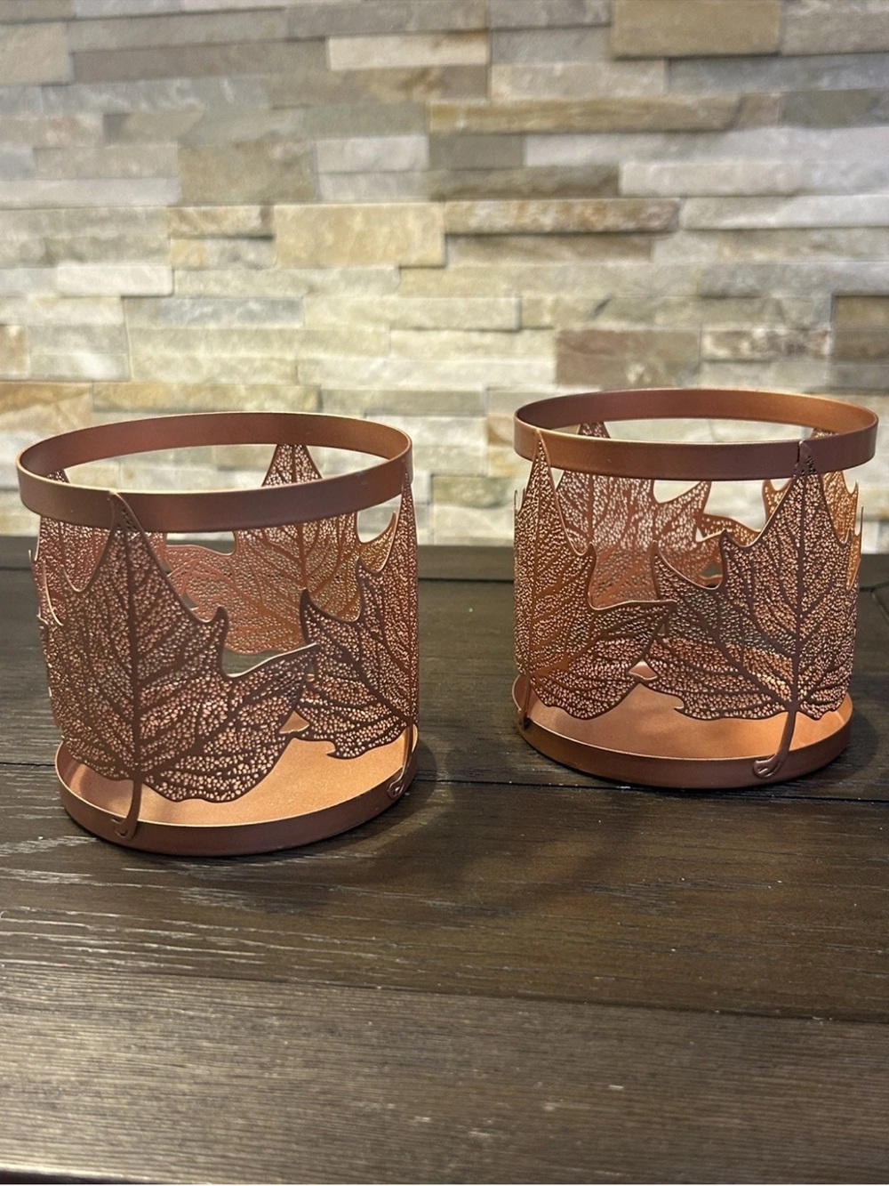 Decorative Metal Leaf Candle Holders - Copper Brown (Set of 2)